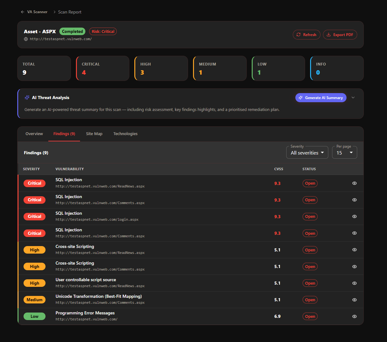 XHack vulnerabilities tab with findings