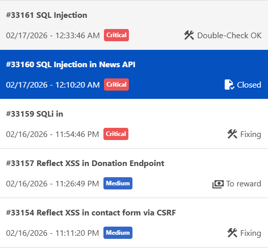 SQL Injection findings overview on Yogosha platform