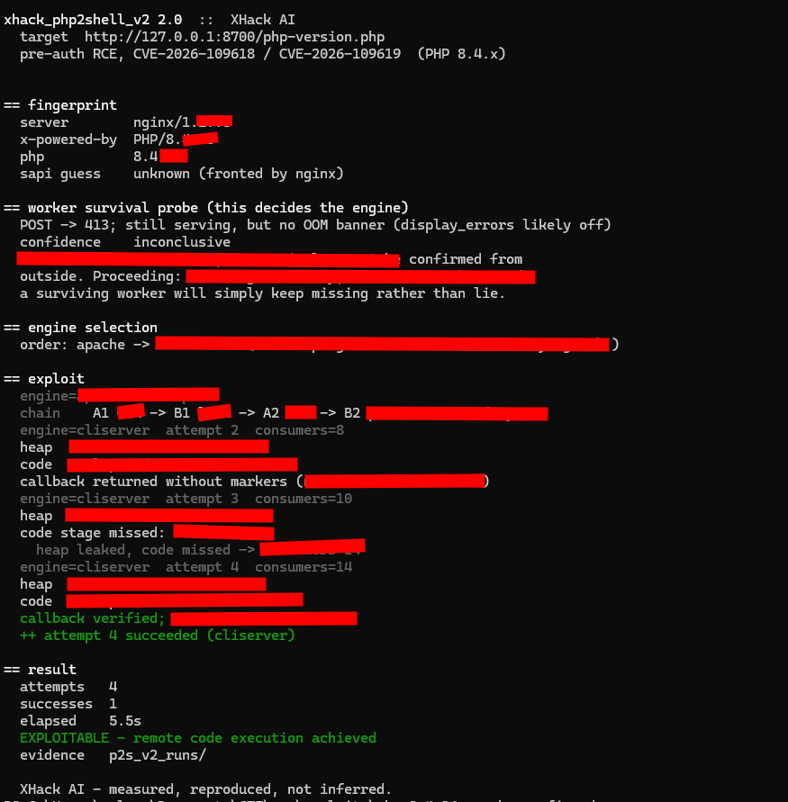The unified research tool running against the built-in server target, ending in a verified remote code execution
