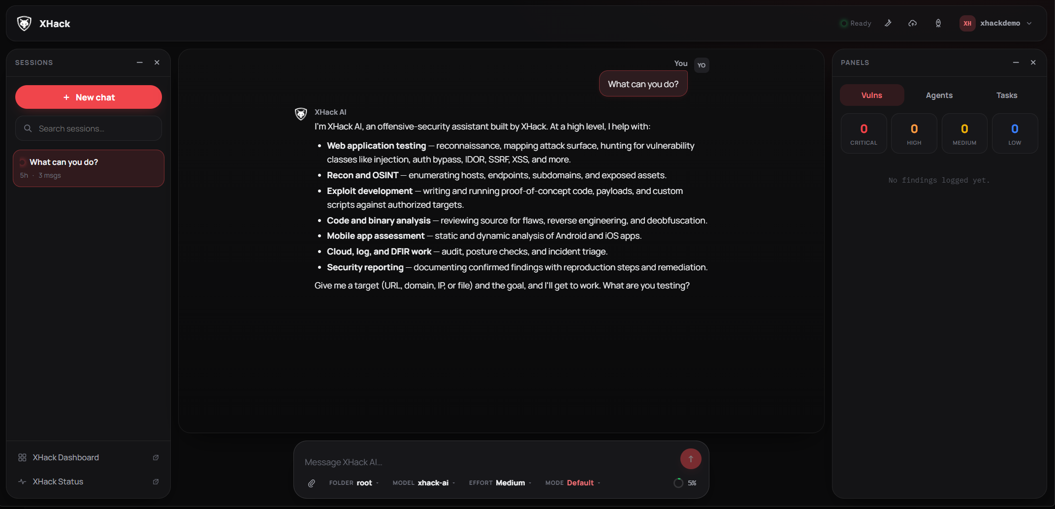 The XHack Web Console running in a browser, with the sessions rail, the live chat, and the vulnerabilities panel